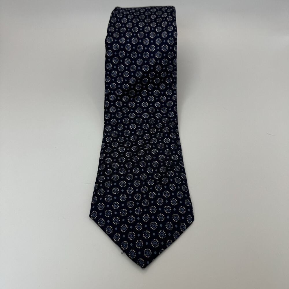 VTG Bert Pulitzer 100% Silk Tie Navy Blue Geometric Medallion Foulard USA